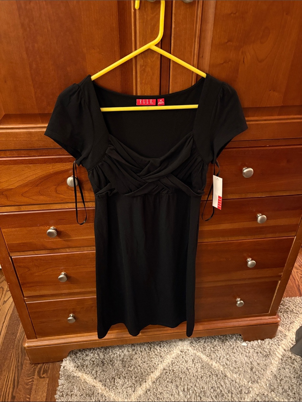Elle Black Short Sleeve Scoop-Neck Braided Bodice Dress